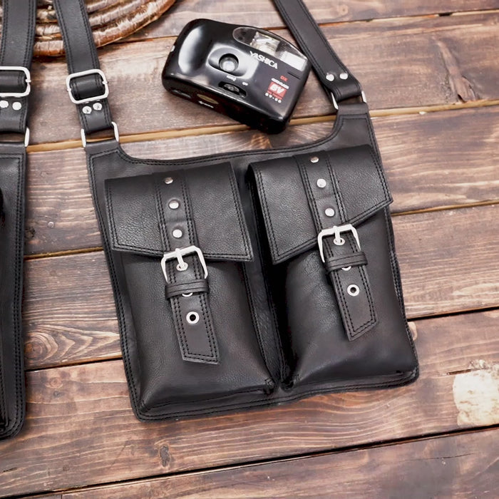 Handmade leather holster bag with twin buckled compartments