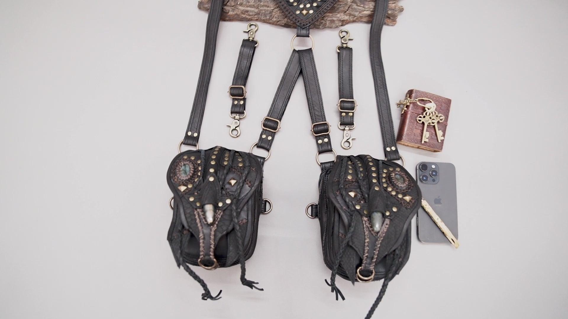 Genuine leather utility holster with tribal studs and adjustable straps