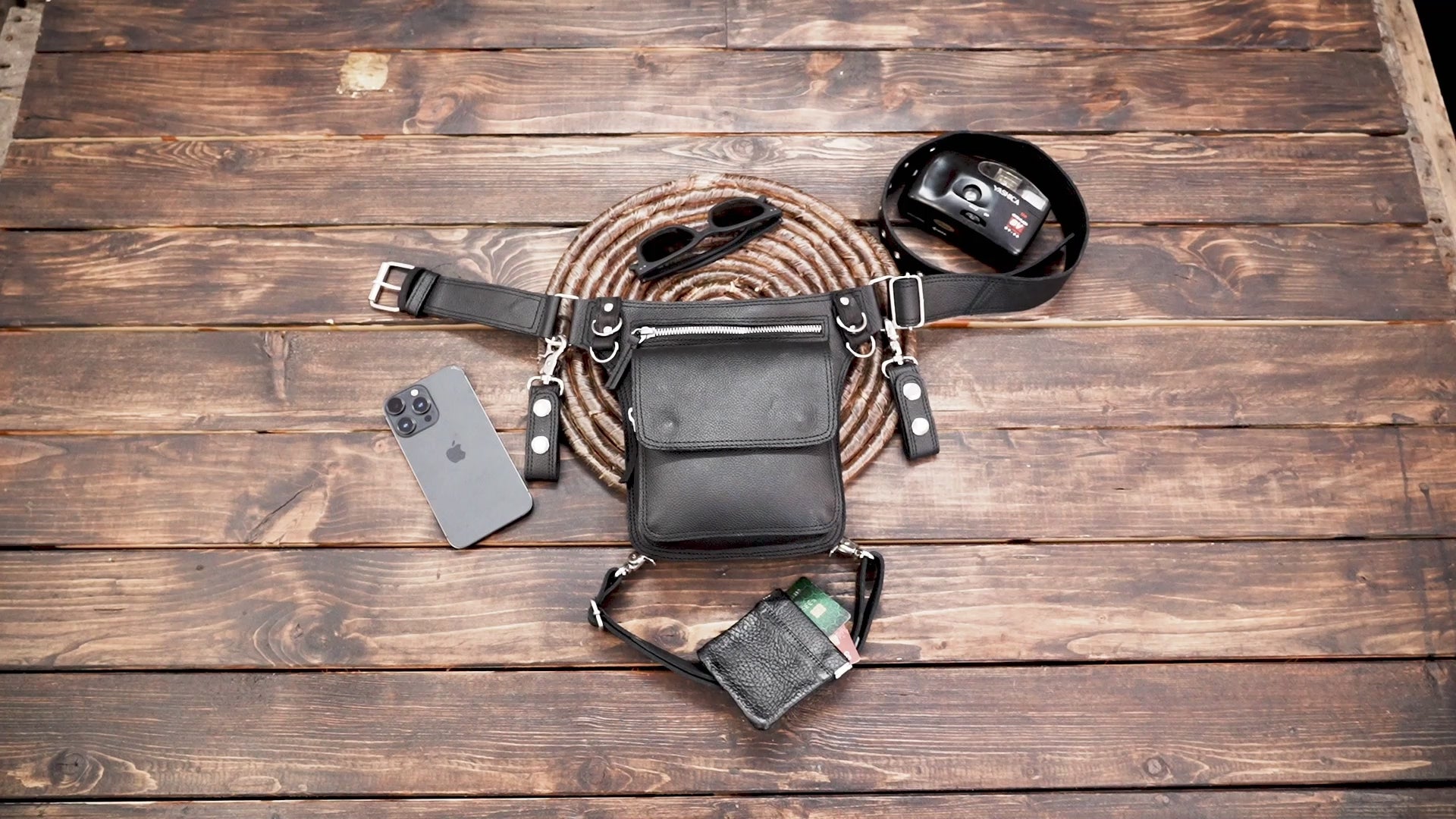 Buy  Black Leather Shoulder waist  and Hip Bag Online in usa