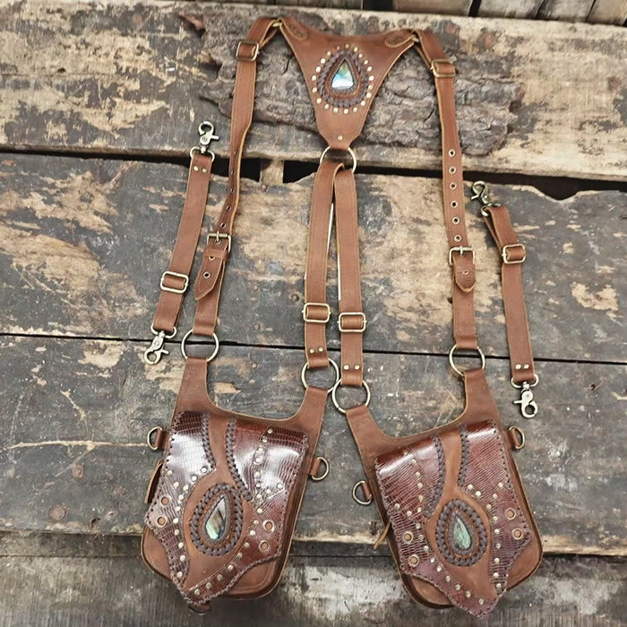 “Artisan leather holster set with gemstone inlay and embossed reptile patterns”