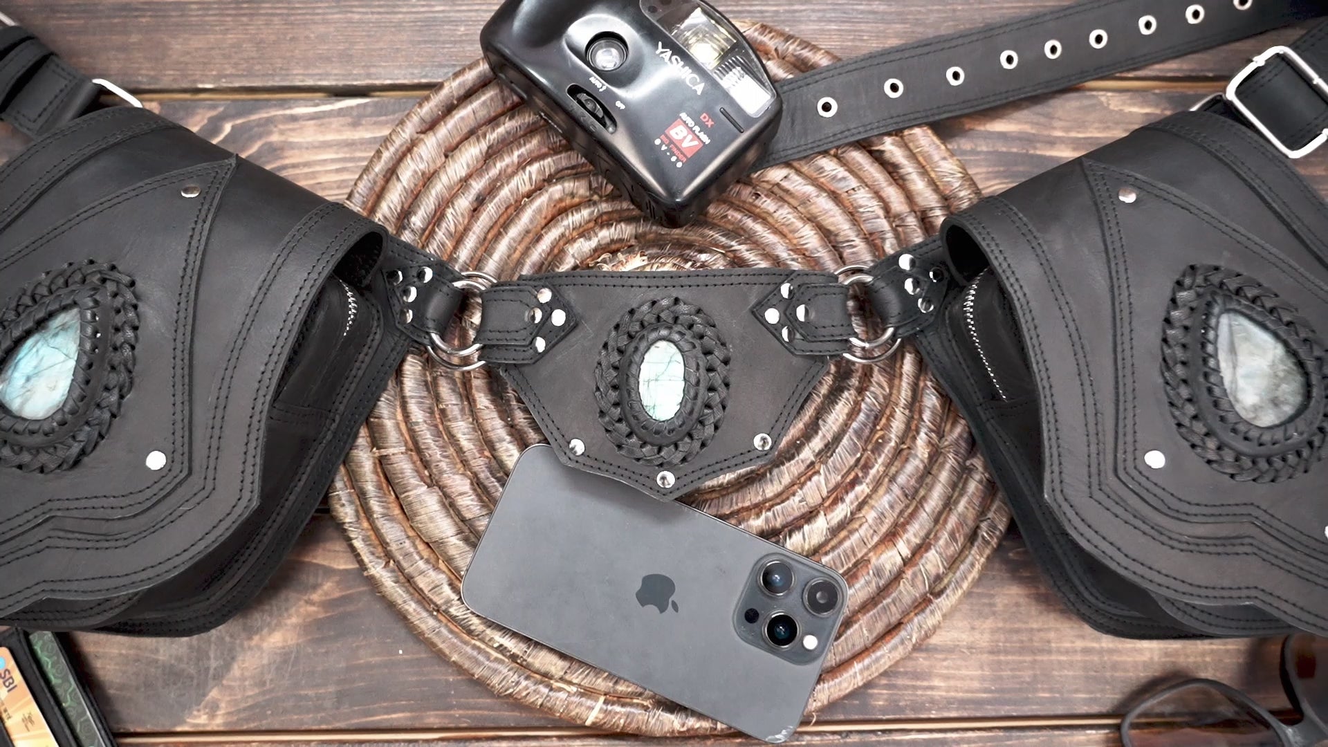 Black Leather Double Pouch Waist Belt with Labradorite Stone || Festival Style Leather Waist Belt with Double Pockets (LT-NS-WB-6025)