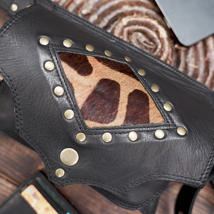 Black Leather Hip Bag, Women's Western Cowhide, Fringe, Studded, Chest Crossbody Chain Bag with metal iron