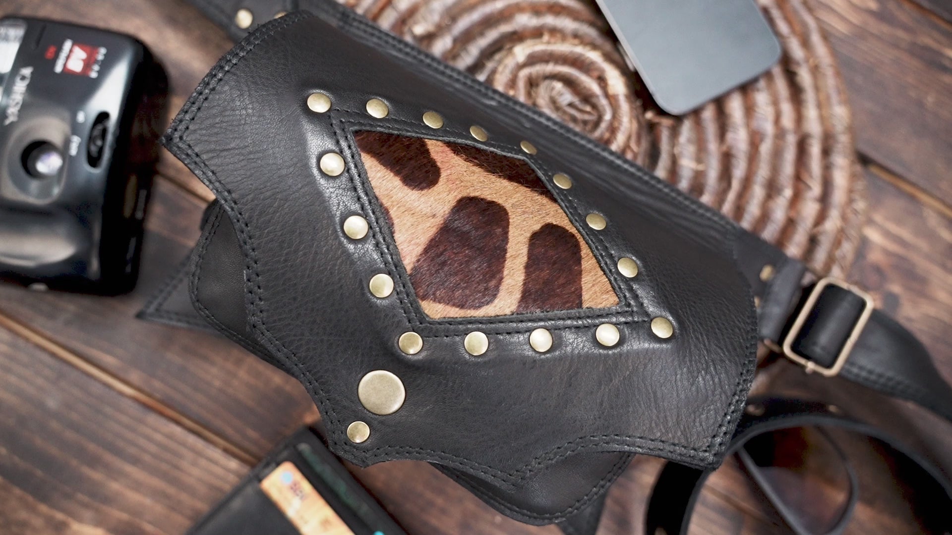 Black Leather Hip Bag, Women's Western Cowhide, Fringe, Studded, Chest Crossbody Chain Bag with metal iron