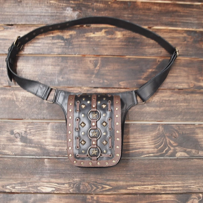Gothic leather waist bag with star rings and rivets