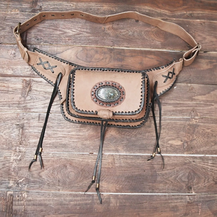 Genuine leather waist belt with front flap pocket and stitching detail