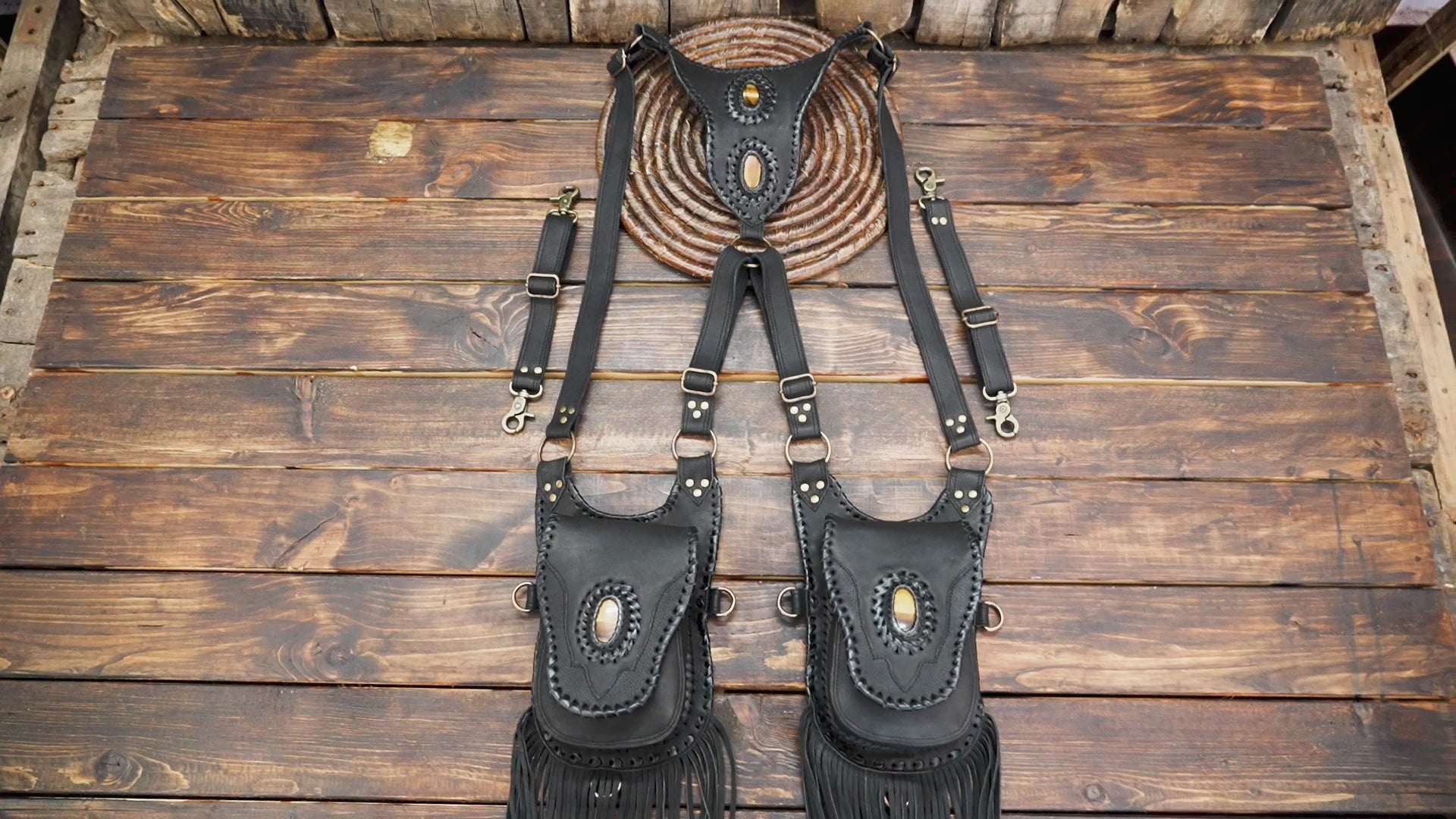 Handmade Black Leather Fringe Waist Bag: Labradorite Gemstone Belt Pouch