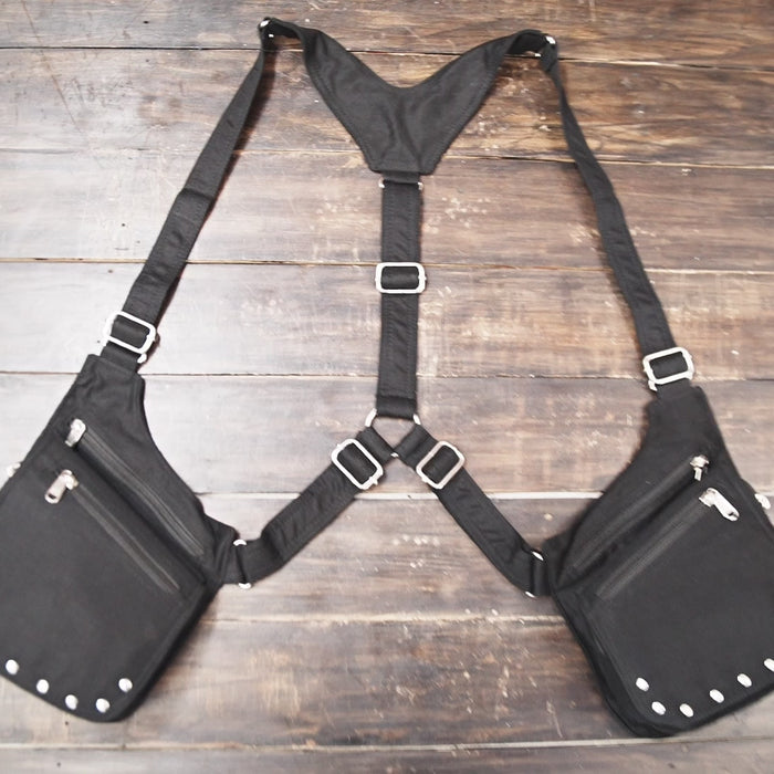 Handmade cotton chest holster harness with multiple zipper compartments