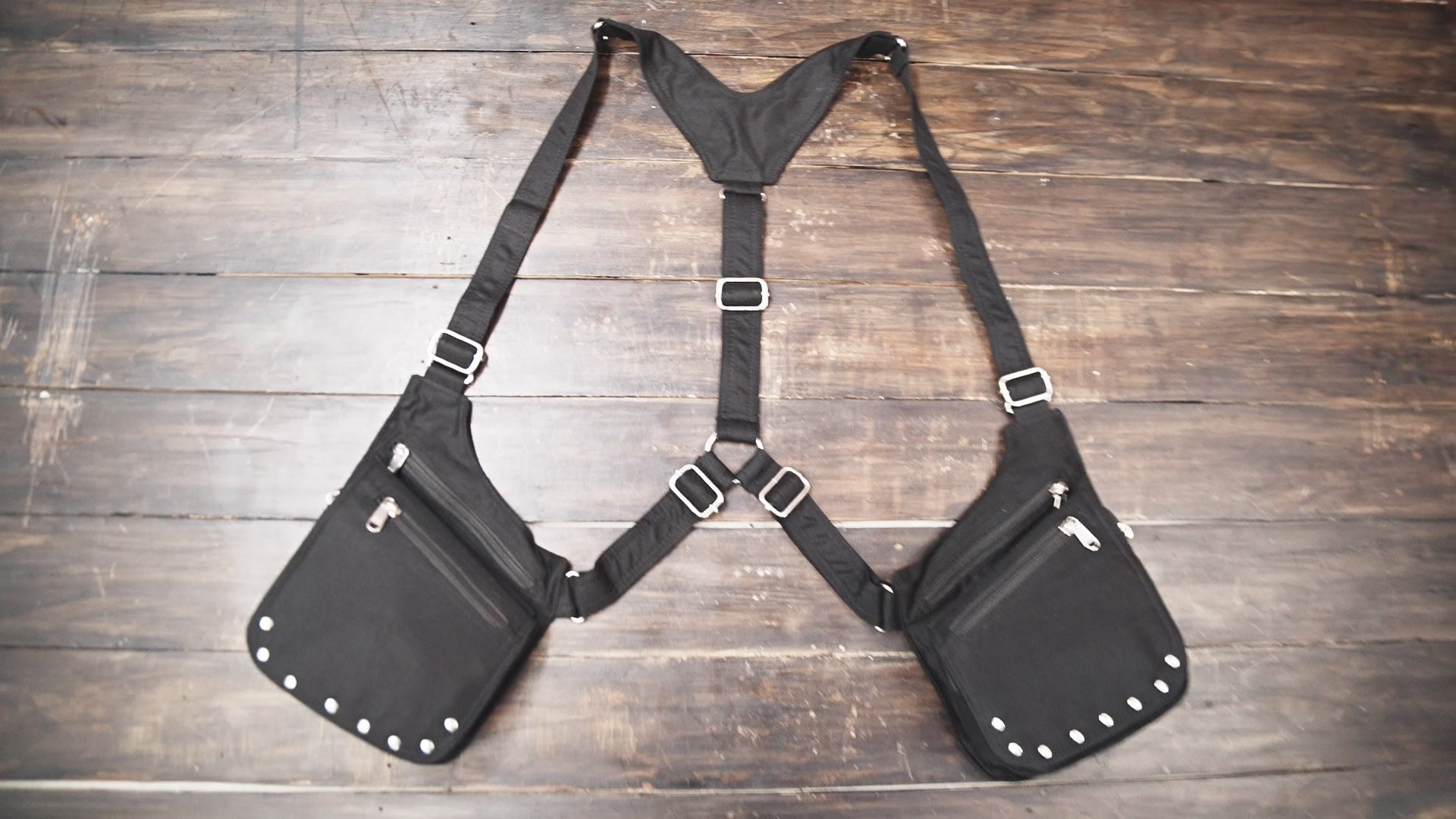 Handmade cotton chest holster harness with multiple zipper compartments