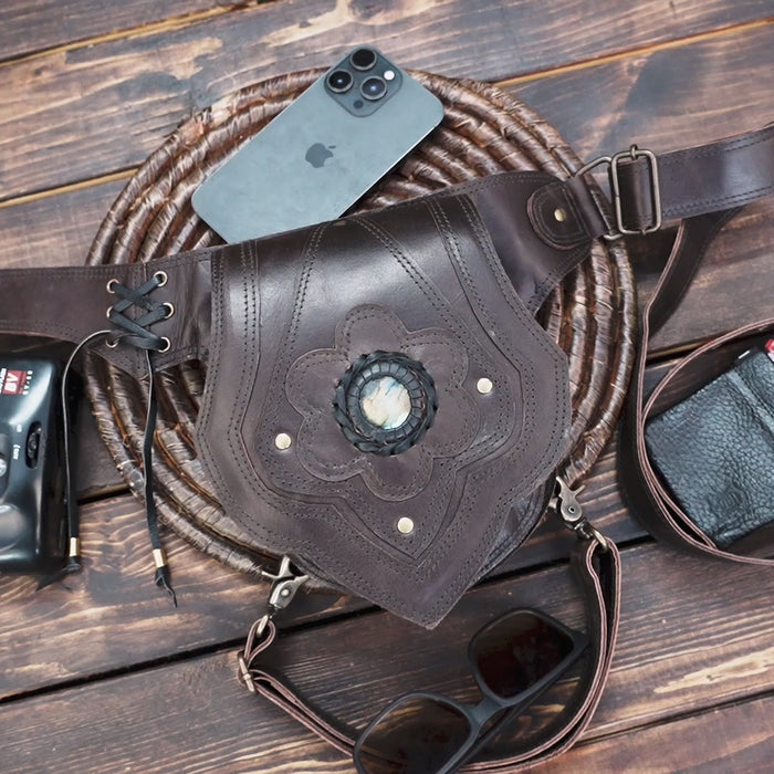 Handmade Leather Belt Bag: Gemstone Accent, Festival Fanny Pack