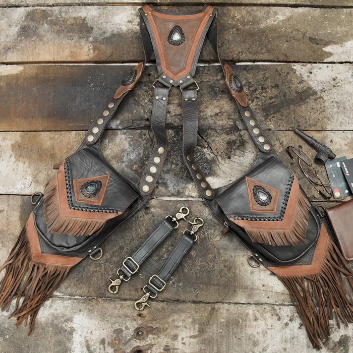 Dual pouch leather holster with tassel fringe and stone inlay