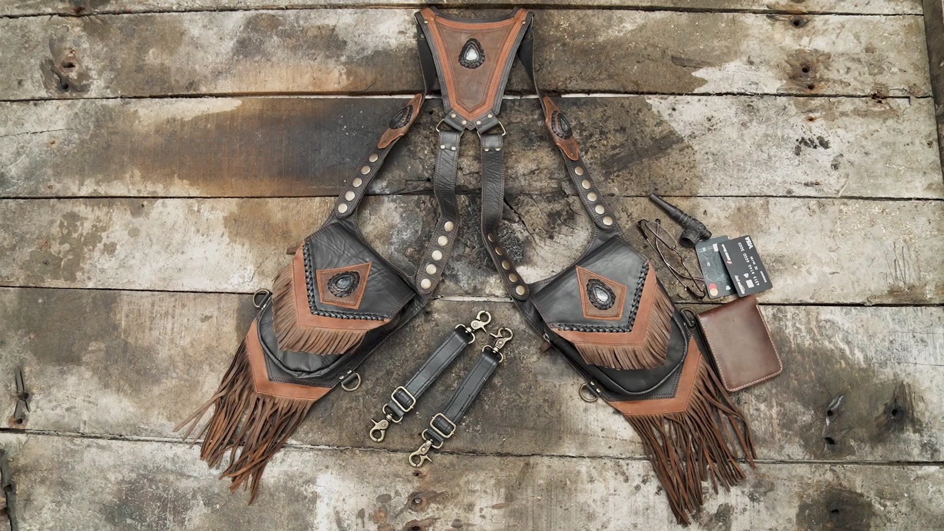 Dual pouch leather holster with tassel fringe and stone inlay