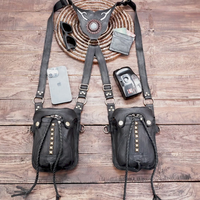 Handmade Leather Double Holster Bag with Adjustable Straps Festival Utility Holster Harness Steampunk / Boho Leather Bag with labradorite IN MIDDLE 