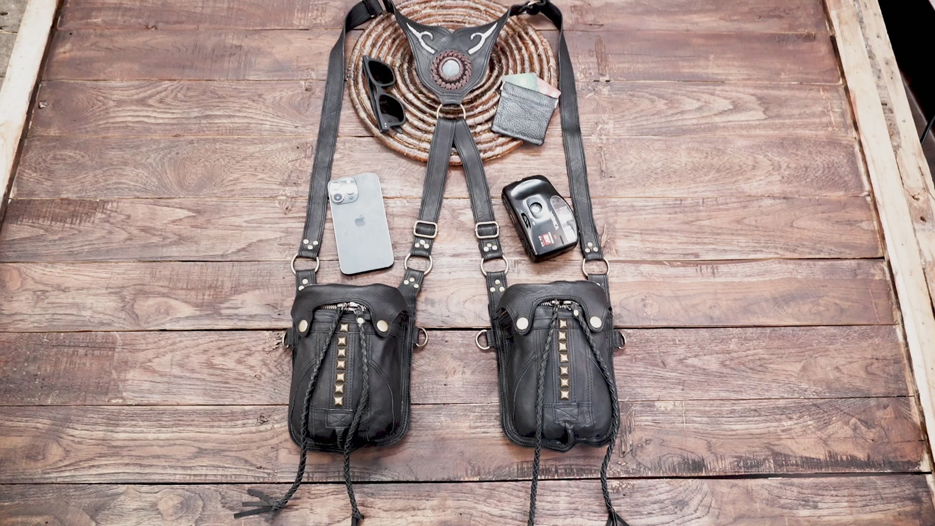 Handmade Leather Double Holster Bag with Adjustable Straps Festival Utility Holster Harness Steampunk / Boho Leather Bag with labradorite IN MIDDLE 