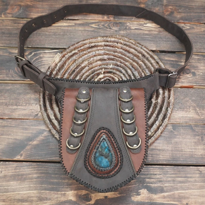 Fantasy style leather utility hip bag with teardrop stone centerpiece