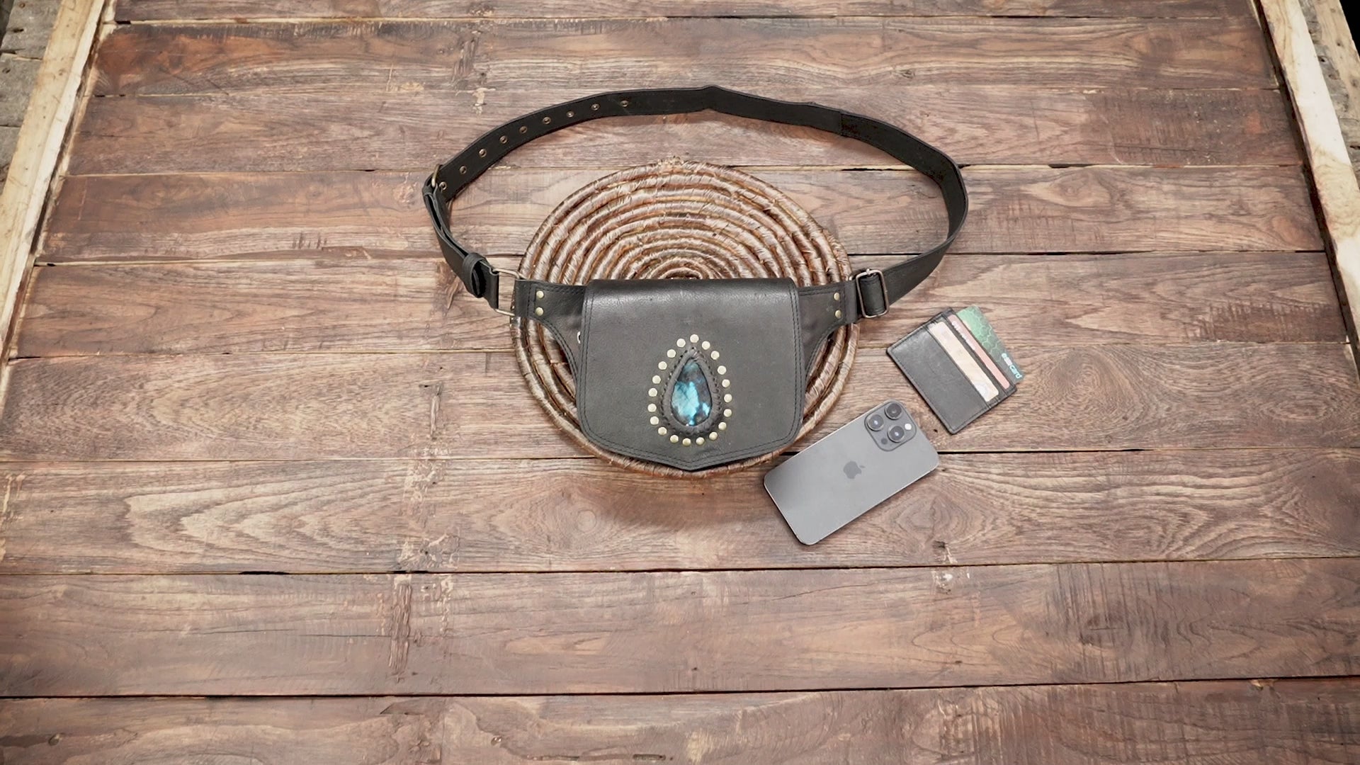 Buy Handmade Black Leather Belt Bag: Gemstone Fanny Pack, Tribal Boho Style Online in USA