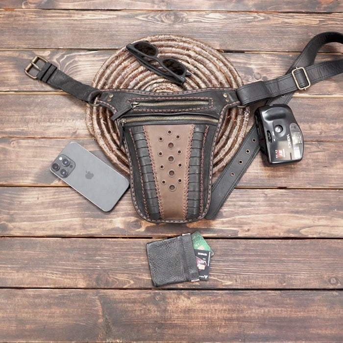 Black and Brown Leather Waist Bag – Gothic Steampunk Utility Belt