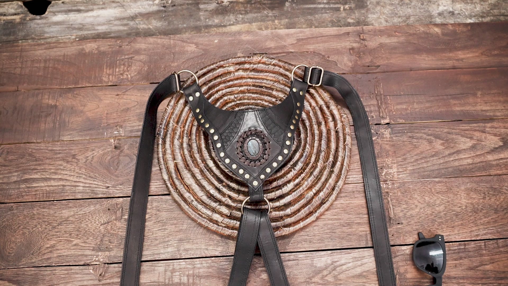 Handmade Leather Shoulder Holster Bag with Real Labradorite Gemstones  || Adjustable straps || Utility Holster with real star metal