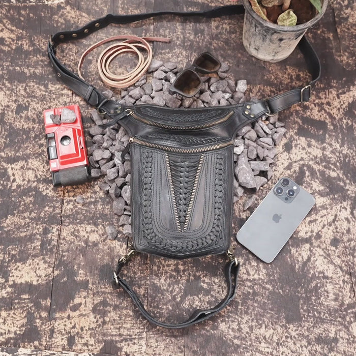 Handmade leather thigh holster bag with zipper pockets