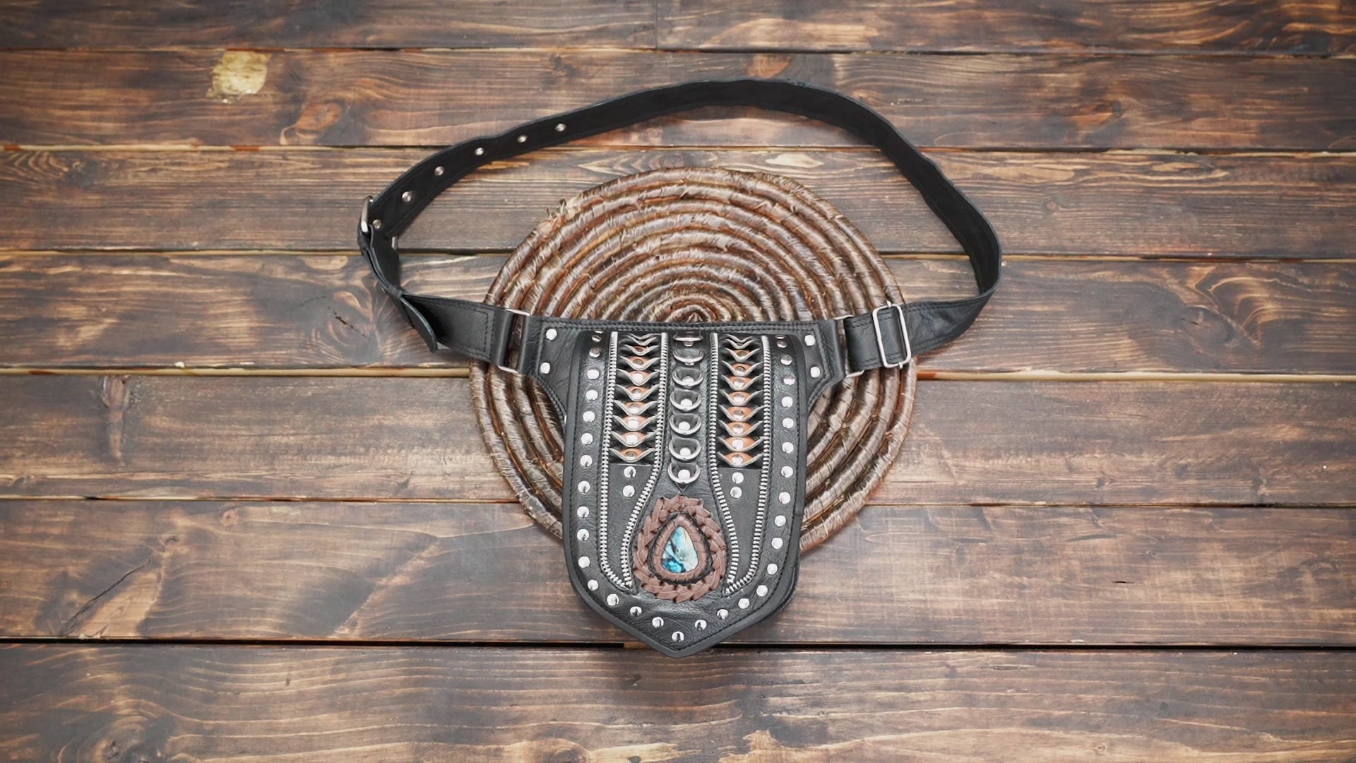 Western-style hip bag crafted from genuine black leather
