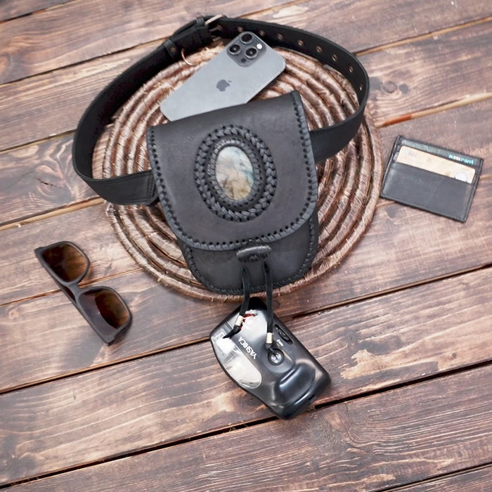 Handmade Black Leather Belt Bag: Gemstone Fanny Pack, Tribal Boho Style