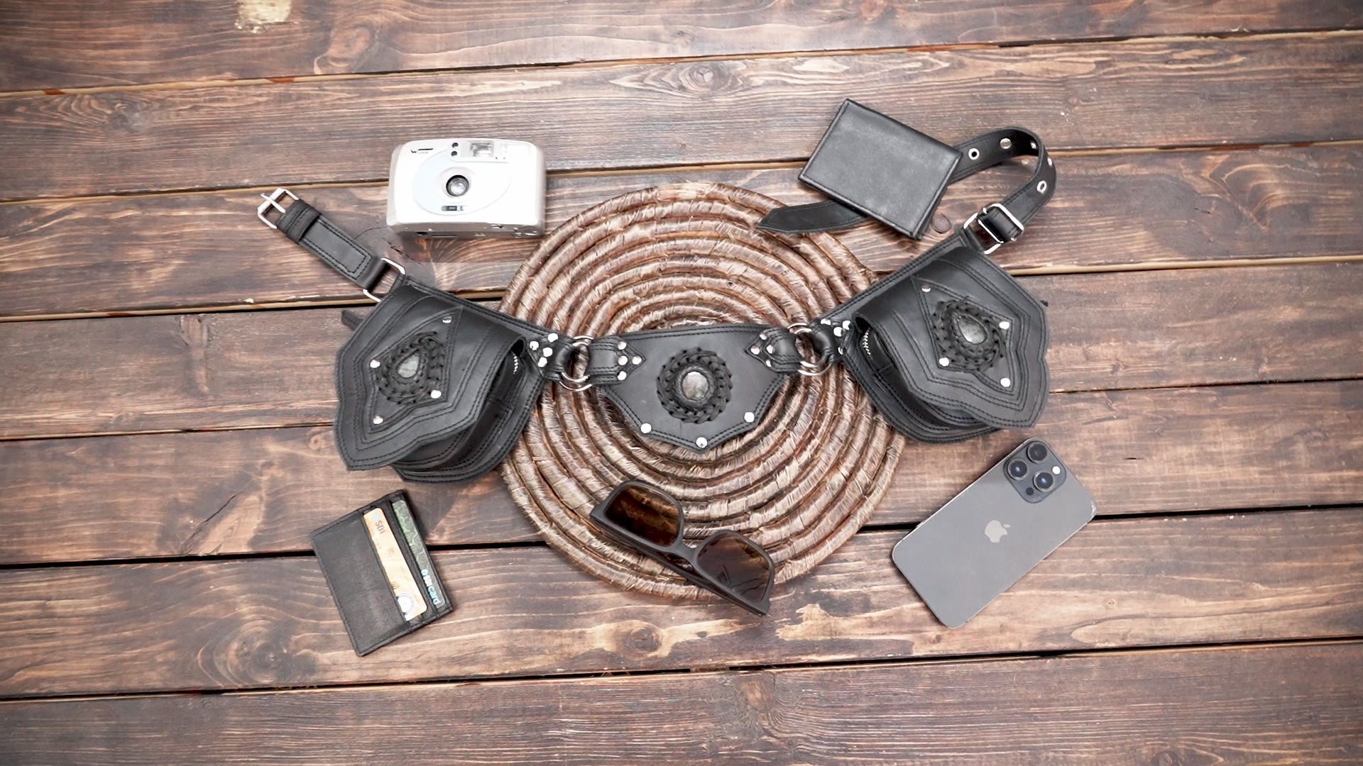 Handmade Black Leather Waist Belt with Gemstone Accents || Leather Waist Belt with Dual Storage Pouches and Metal Rings (LT-NS-WB-6046)