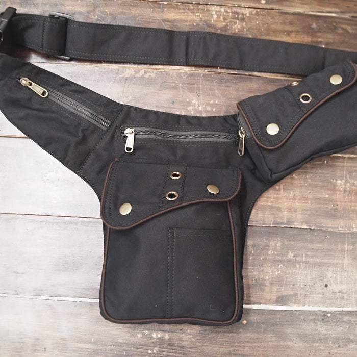 Adjustable black festival belt bag with cargo storage pockets