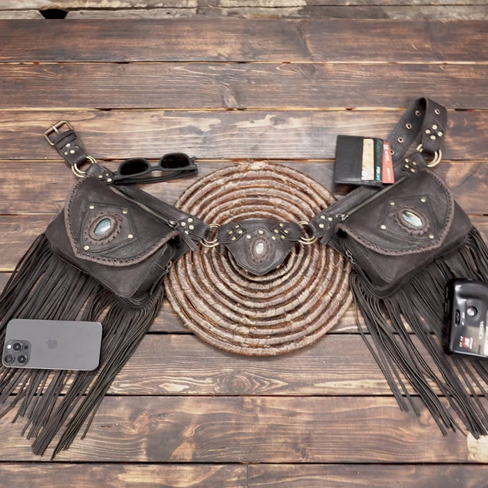 Steampunk inspired black leather hip pouch