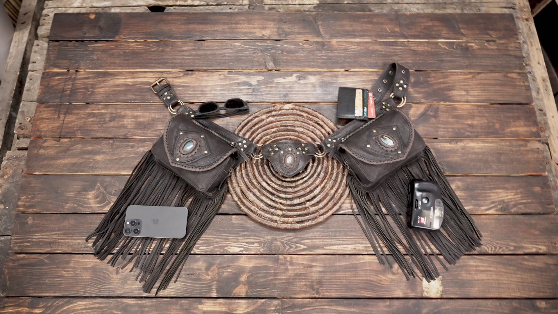 Steampunk inspired black leather hip pouch