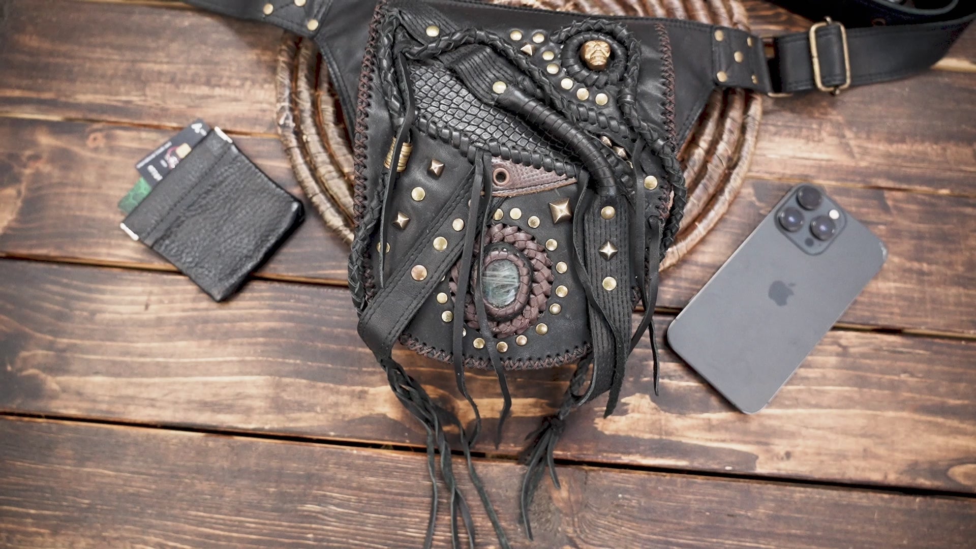 Unique Gemstone Leather Waist Belt – Handmade Utility Pouch for Men & Women (LT-AB-WB-6167)