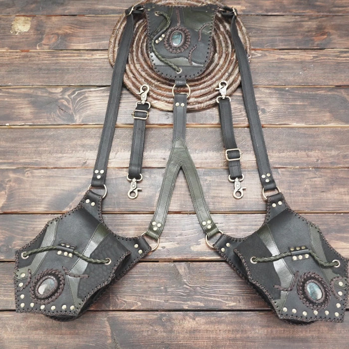 Genuine leather festival holster belt with dual pockets and antique brass studs.