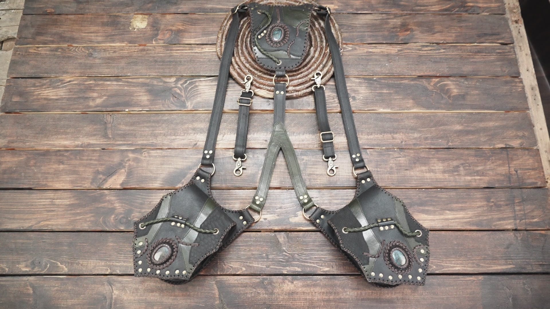 Genuine leather festival holster belt with dual pockets and antique brass studs.