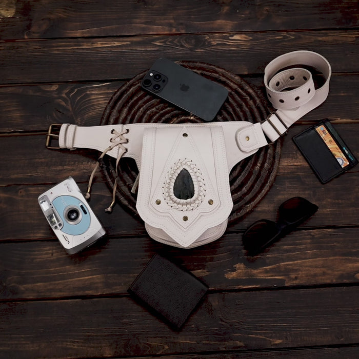 Handmade Leather Belt Bag: Labradorite Gemstone Pocket, Unisex Hip Pack with white color 