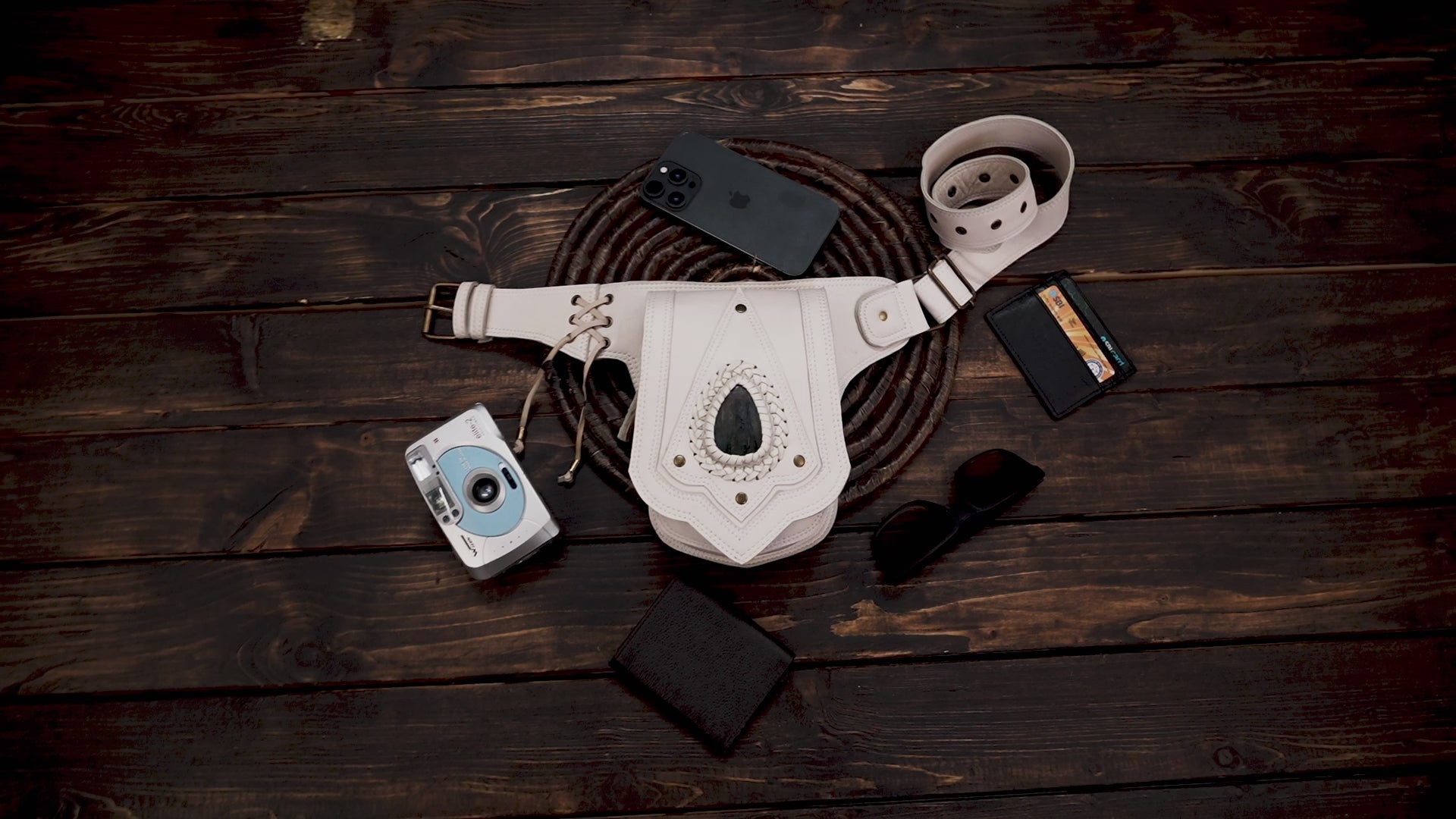 Handmade Leather Belt Bag: Labradorite Gemstone Pocket, Unisex Hip Pack with white color 