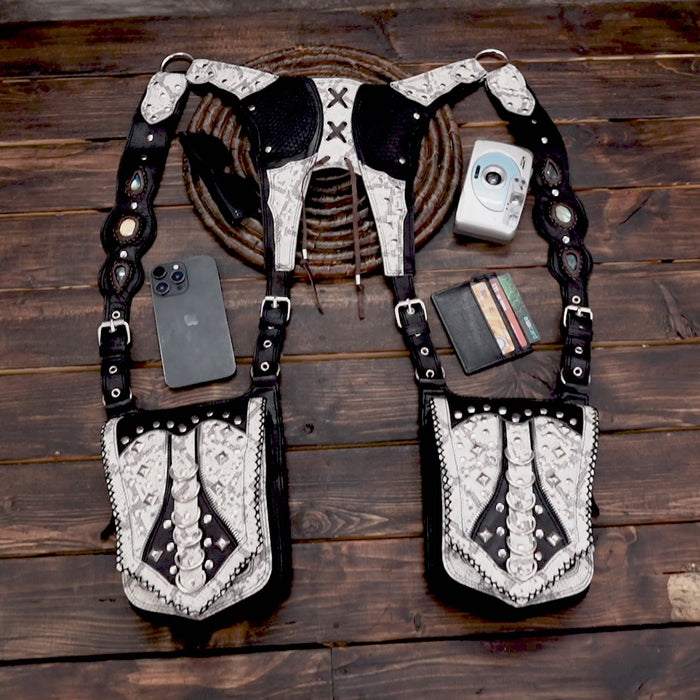 Handmade Leather Holster Belt with Dual Utility Pouches, Steampunk Festival Leather Harness Belt with Gemstone Design, Burning Man Holster