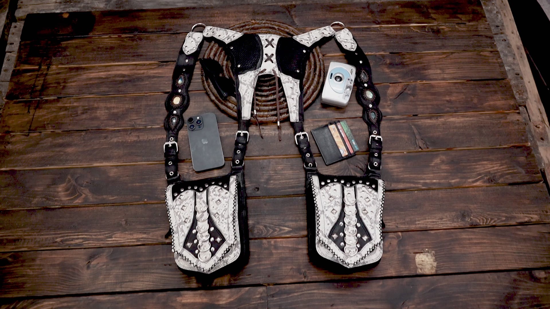 Handmade Leather Holster Belt with Dual Utility Pouches, Steampunk Festival Leather Harness Belt with Gemstone Design, Burning Man Holster