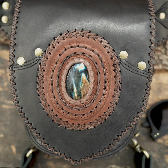 Genuine leather waist and thigh belt with adjustable straps and stone detail