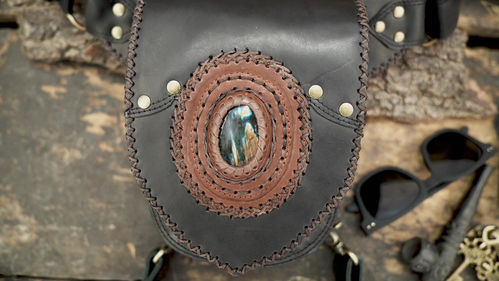 Genuine leather waist and thigh belt with adjustable straps and stone detail
