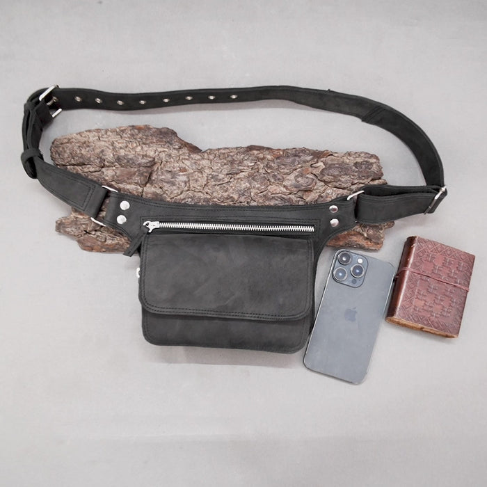 Handmade leather waist belt bag with adjustable buckle strap