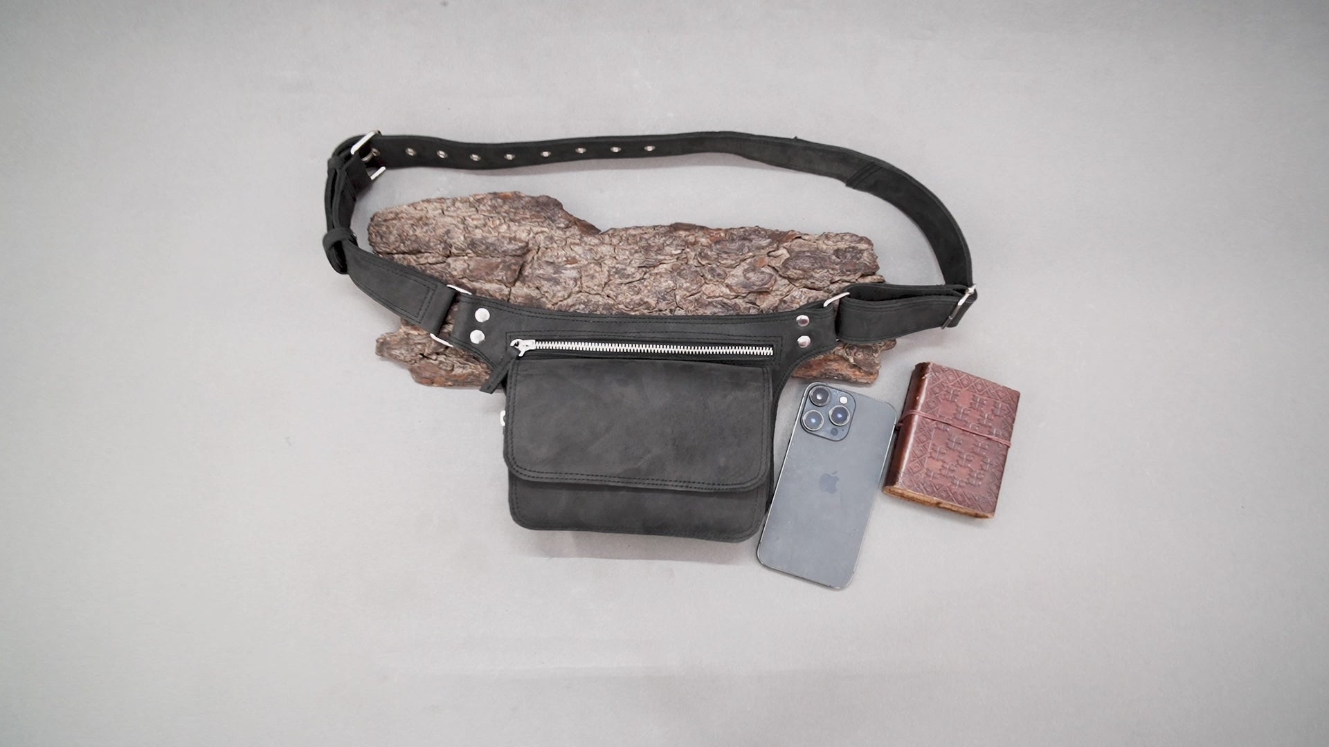 Handmade leather waist belt bag with adjustable buckle strap