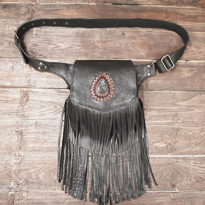 black fringe leather holster waist bag with gemstone accent flap