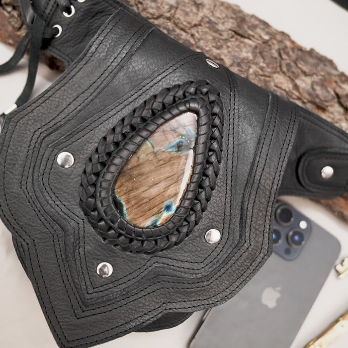 Handmade leather waist belt featuring braided stone detailing