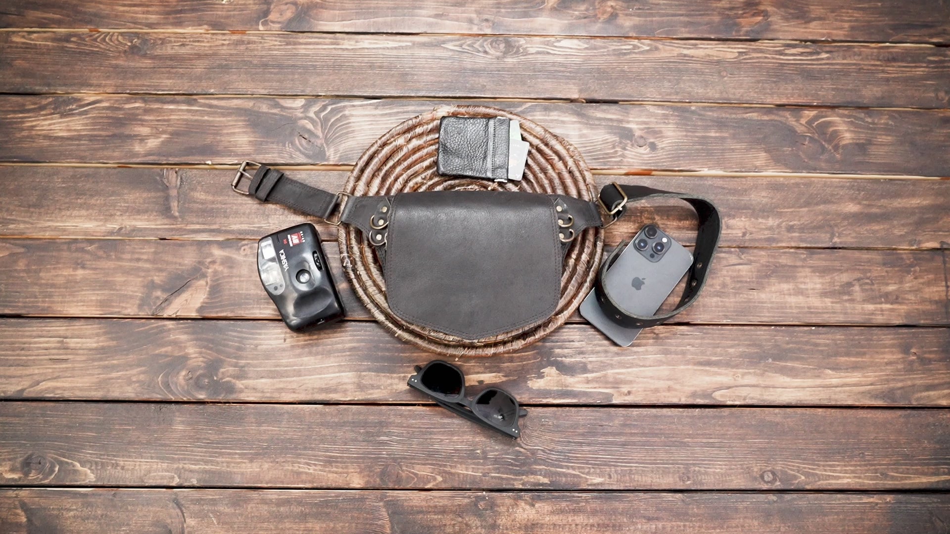 Black Leather Waist Belt Bag – Handmade Hip Pouch for Festivals & Travel (LT-AB-WB-6058)