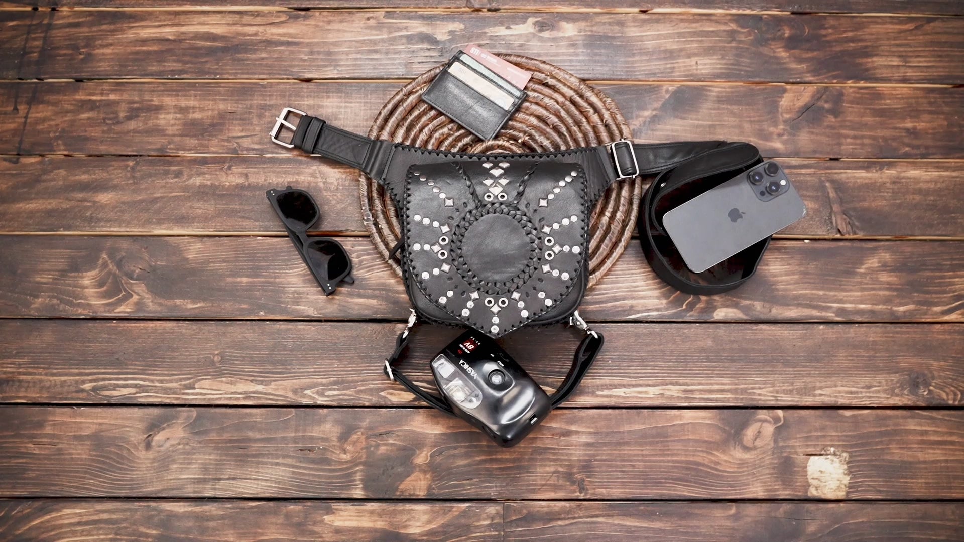 Front view of gothic black leather hip holster bag for festivals