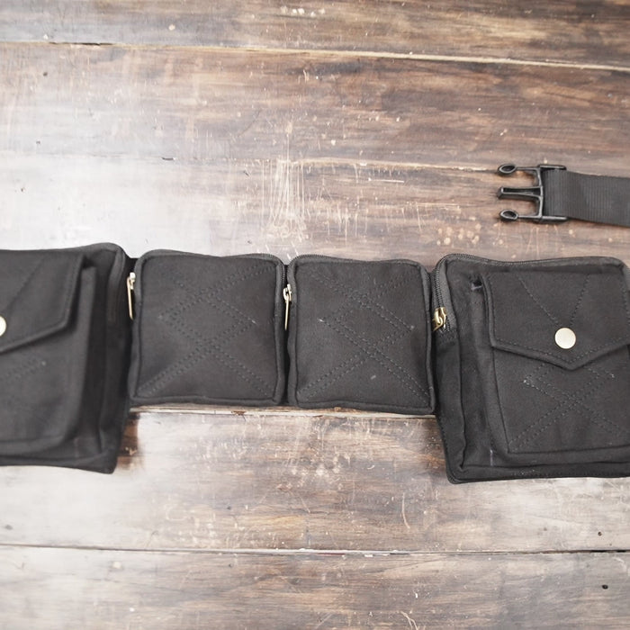Handmade black cotton waist pack with secure utility pouches and adjustable belt