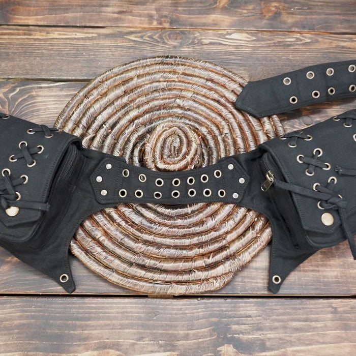 Steampunk-style festival waist bag made from durable black canvas.