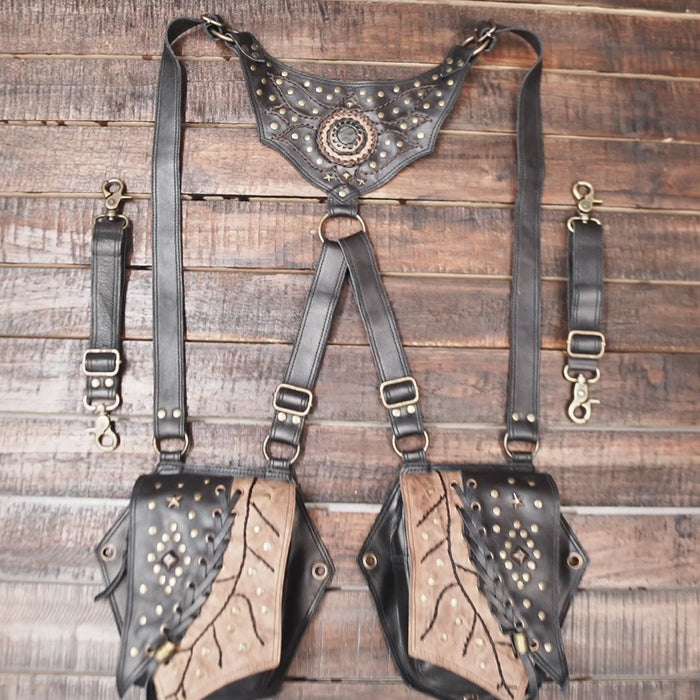 Black & Brown Leather Holster with Tribal Design – Steampunk & Gothic Fashion