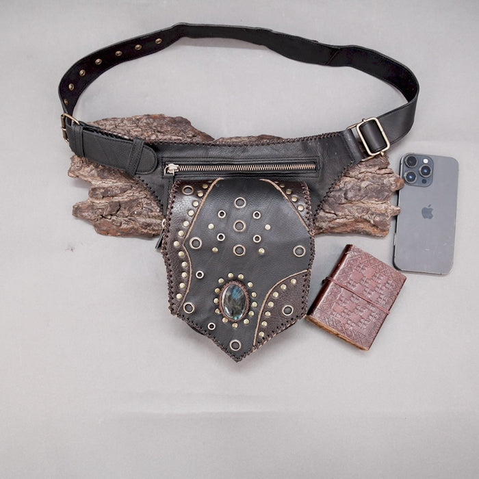 Artisan leather waist belt bag with studded detailing and zipper pocket