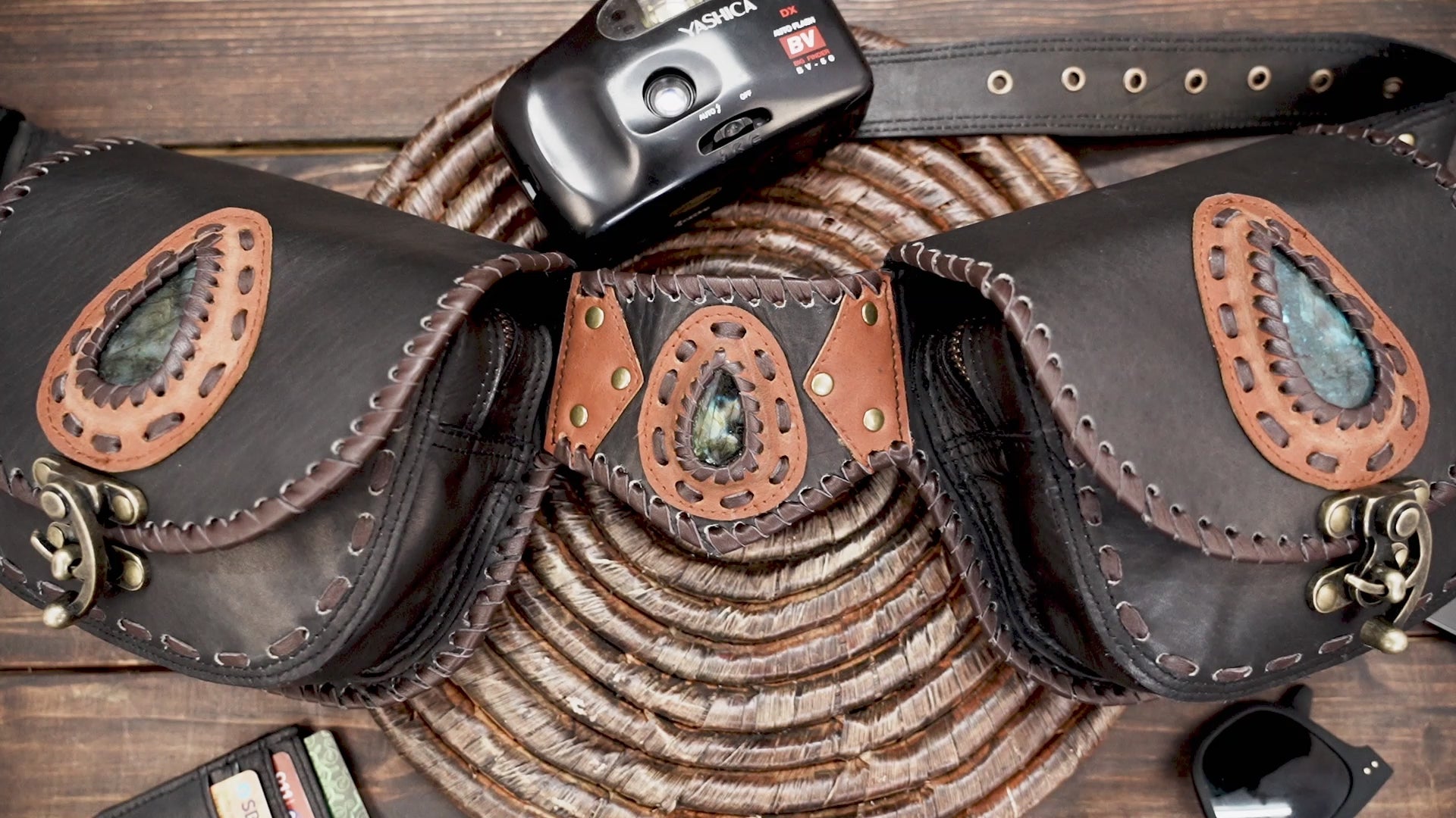Boho leather belt bag with Labradorite gemstone and hand-stitched details