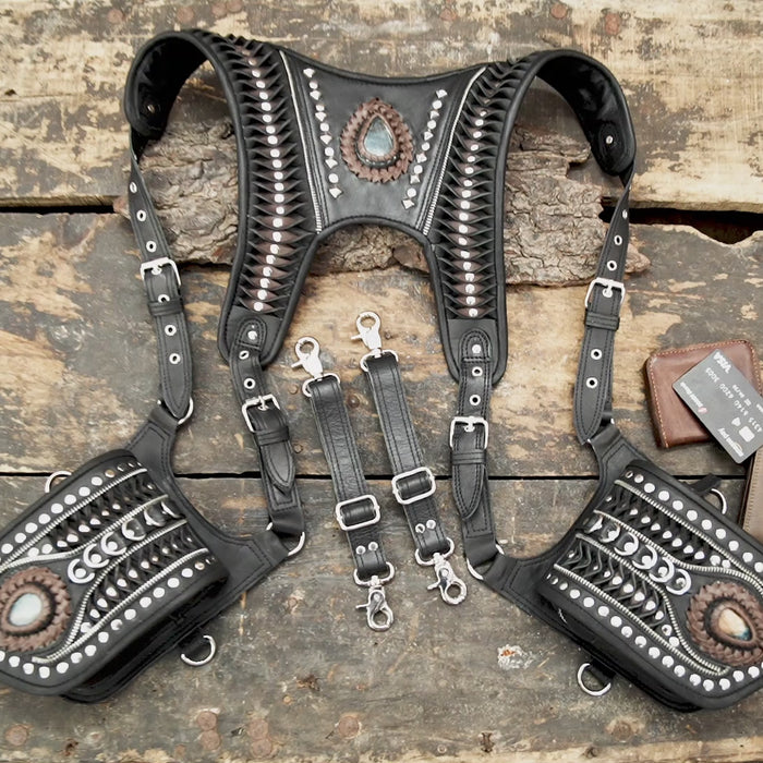 Handmade leather holster with detailed studwork and natural stone centerpiece