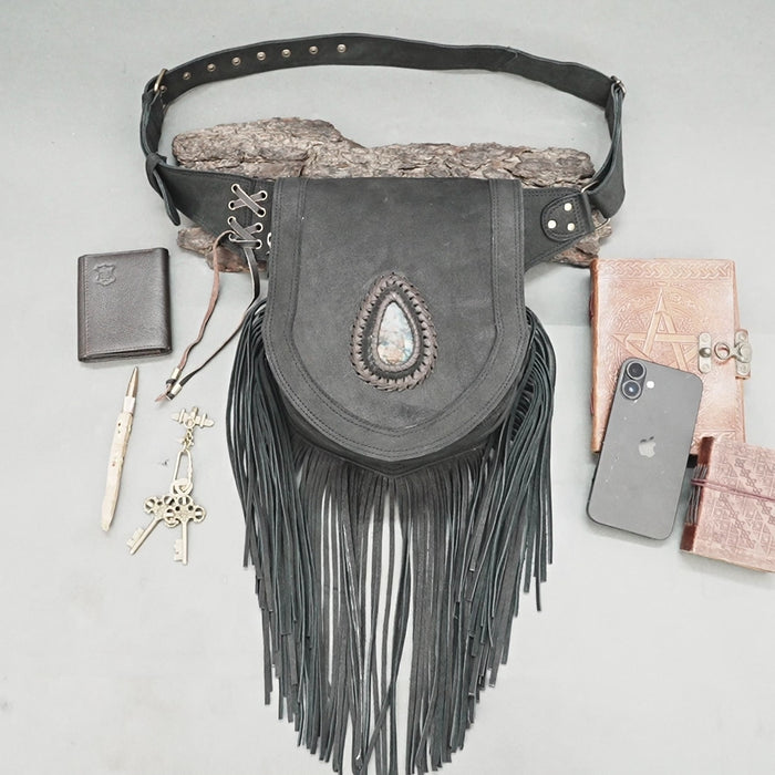 Boho leather waist belt with long fringe and natural stone inlay
